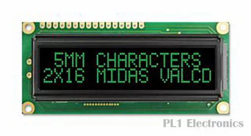 MIDAS    MC21605G12W-VNMLG    Alphanumeric LCD Display, 32, 16 x 2, Green, 5.55
