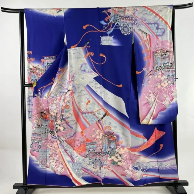 Japanese Kimono Furisode Pure Silk An Ox Drawn Coach Grass Flower Bluish Purple