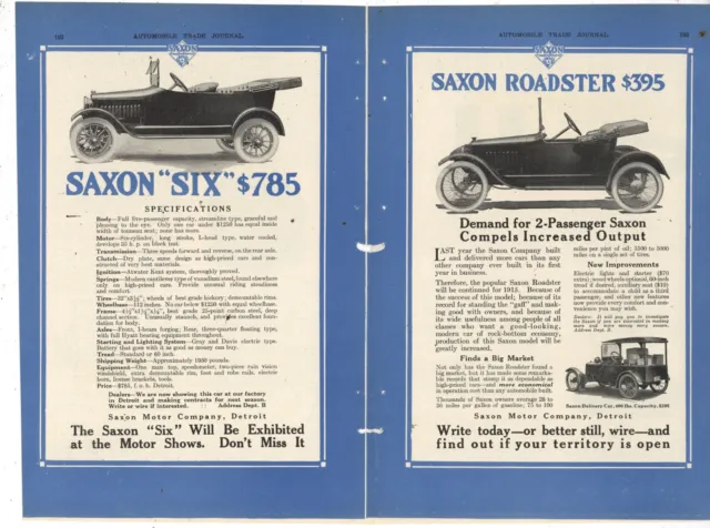 1915 Saxon Motor Co. True Centerfold Ad: Saxon Six - Detroit, Michigan