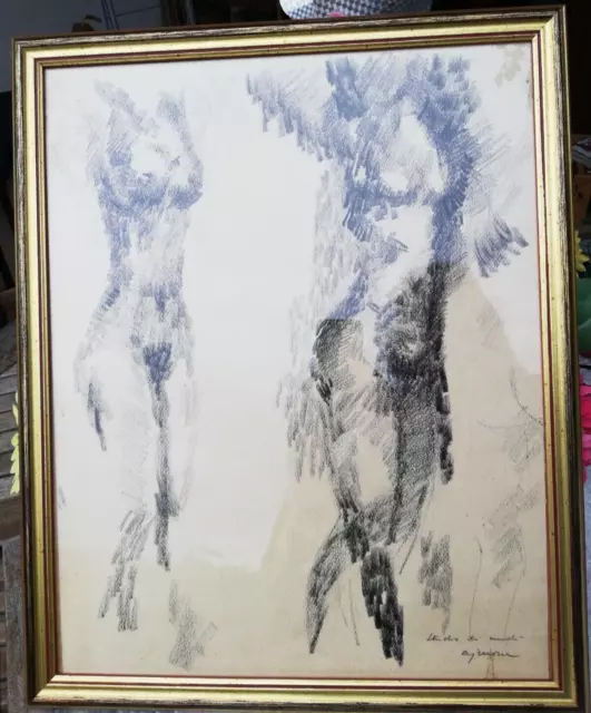 Disegno carboncino su carta nudi femminili firmato Giuseppe Ajmone in cornice