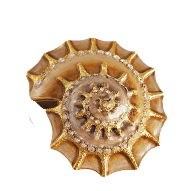 Bejeweled Enamel Inlay Sea Shell Hinged Trinket Box Rhinestones Gold Bling