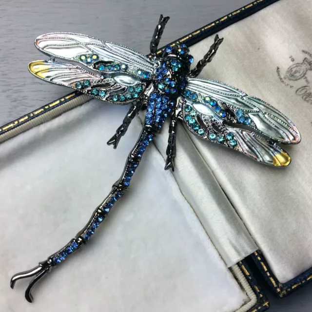 Vintage Style Articulated Dragonfly Crystal Large Pin Brooch Pendant Light Blue