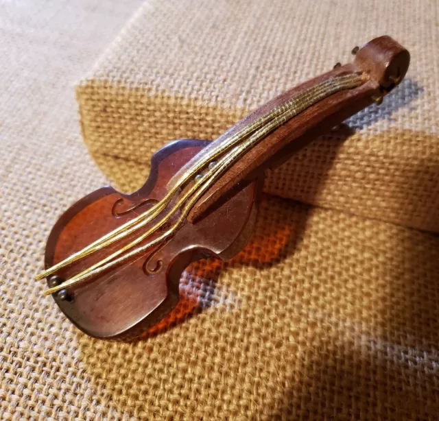 ART DECO CARVED BAKELITE & WOOD Violin Bass Cello Music Brooch Pin NEEDS TLC