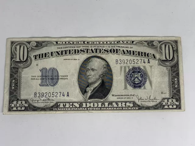 1934 Ten Dollar Silver Certificate Banknote $10 Good Circulated Condition