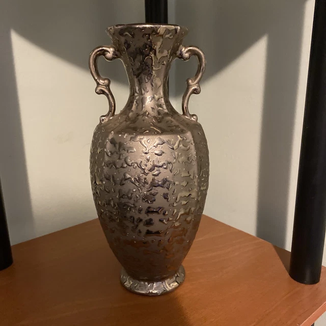 Double Handle Vase Textured Glazed Drip Speckled Silver Ceramic Porcelain.