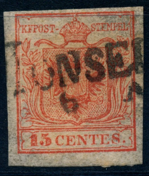 LOMBARDEI-VENETIEN 1850 15C, HP, Type I. MONSELICE. Sehr schön!