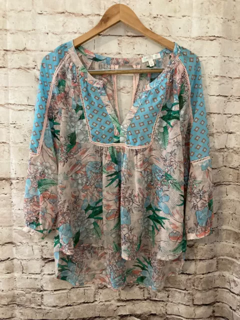 Love Fire Shirt Womens XL Boho Hippie Blue Aztec Floral Open Back Flowy V Neck