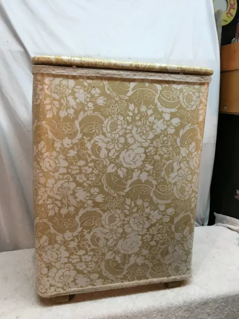 Vintage Mid Century  Gold Floral  Hamper Laundry Basket  Vinyl lid