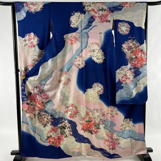Japanese Kimono Furisode Pure Silk Butterfly Flower Gold And Silver Paint Blue