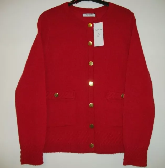 M&S CLASSIC WOMANS RED CARDIGAN with LAMBSWOOL  FRONT POCKETS SIZE UK 18  BNWT