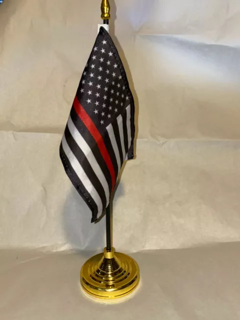 Beautiful Thin Red Line Fire Fighter Mini Desk Flag & Base