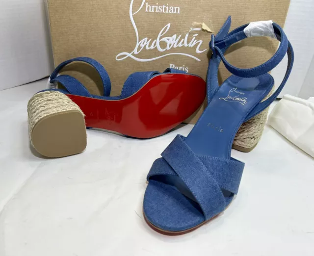 New Christian Louboutin Summer Mariza 85 Denim Sandals Block Heel Sz 40