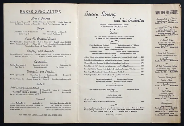 1940's BAKER HOTEL Vintage MURAL ROOM Nightclub Restaurant Menu DALLAS TEXAS 2