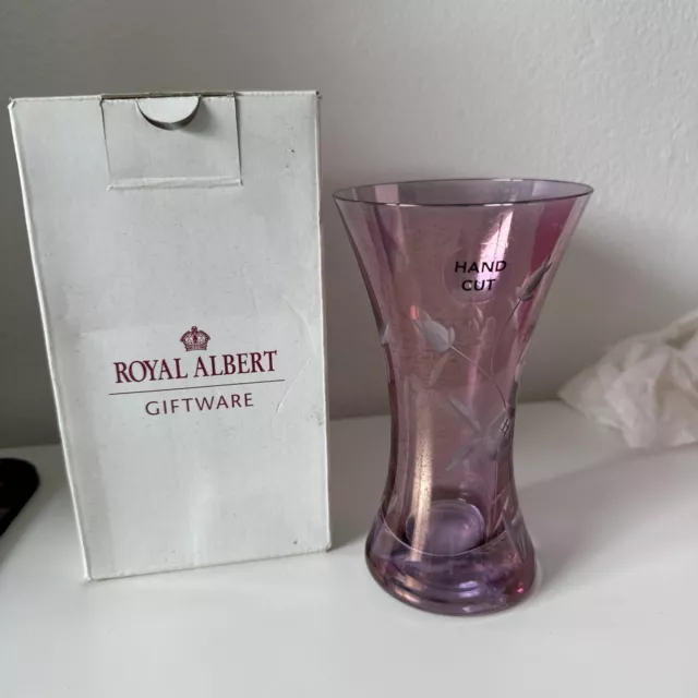 Royal Albert Purple Glass Cirags Rose Bouquet Vase etched glass 5.5" MIB