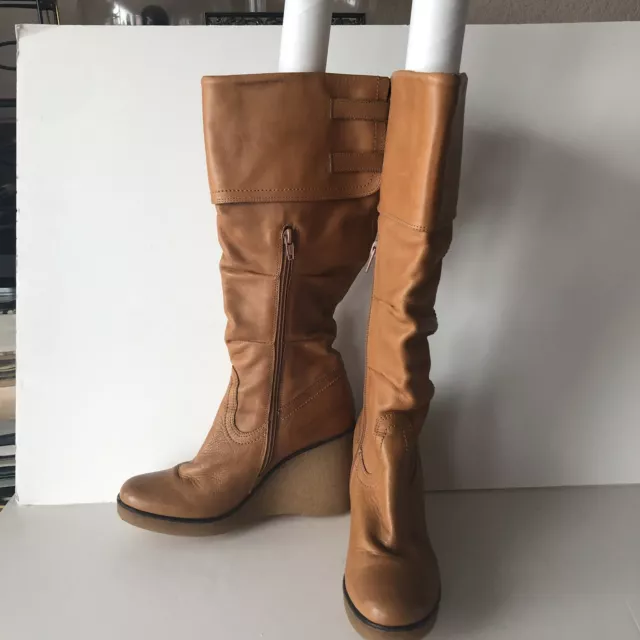 Bronx leather Slouch Knee High Boots Wedge Size 37 Tan