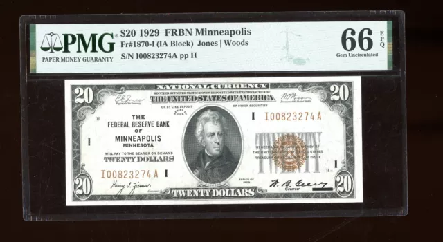 DBR 1929 $20 FRBN Minneapolis Fr. 1870-I Gem PMG 66 EPQ Serial I00823274A