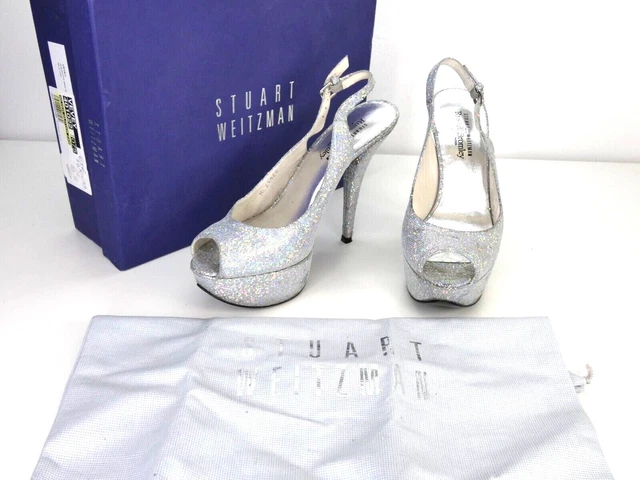 Stuart Weitzman Tacchi plateau argento glitter punta aperta Slingback Vevey UK 4,5