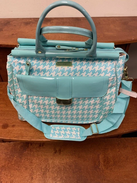 New Samantha Brown Houndstooth 2 Piece Set 20"/Tote Seafoam/White Color Spinner 10