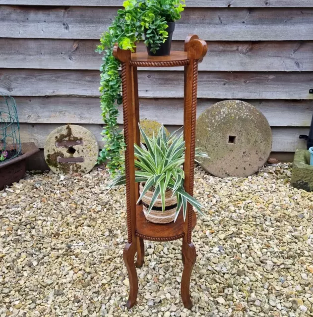 Antique Tall Wooden Half Barley Rope Twist 2 Tier Torchere Plant Stand Table 36"