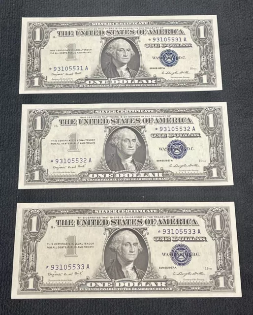 3 1957a ONE Dollar **STAR** NOTES ( 3- CONSECUTIVE SERIAL NUMBERS uncirculated