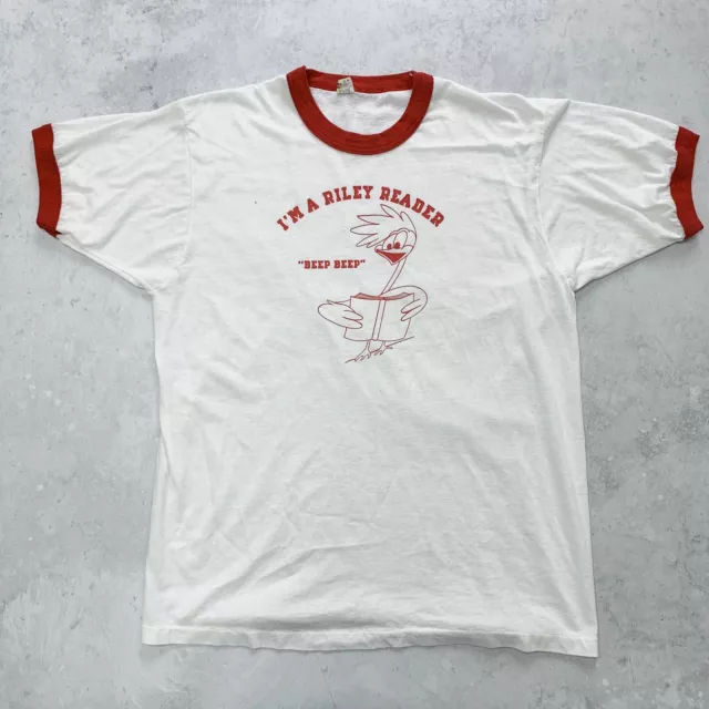 Vintage T Shirt Mens Large White Single Stitch Ringer Graphic Print 90s USA