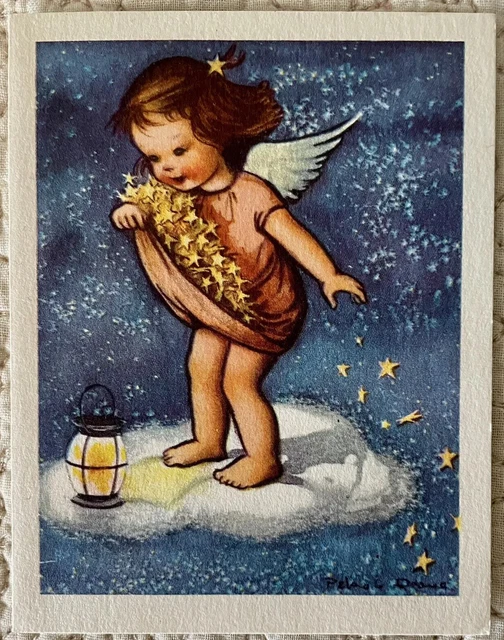 Vintage Christmas Angel Falling Star Artist Signed Ars Sacra Greeting Card 1940s Vintage Christmas Angel Falling Star Artist Signed Ars Sacra Greeting Card 1940s