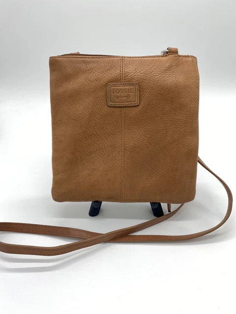 Fossil Genuine Brown Leather 8x8 Crossbody Handbag Bag Purse Long Strap Zip