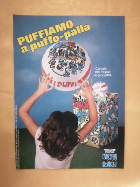 PUBBLICITA' ORIGINALE ADVERTISING "PUFFI" PALLONI MONDO del 1982
