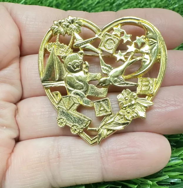 Vintage Sweet Memories Heart Brooch Pin Gold Tone Teddy Bear Bird Toys Stars