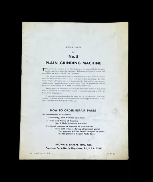 Brown & Sharpe No. 5 Plain Grinding Machine Repair Parts