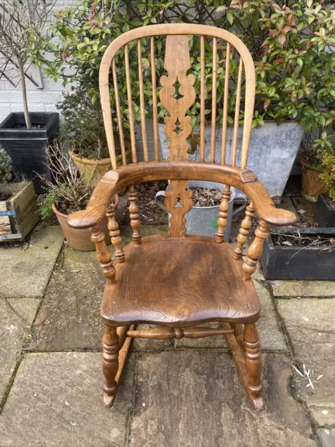 Excellent 19th Century Club Arm Windsor Rocking Chair, Ash Elm Saddle Seat c1860