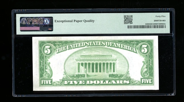 DBR 1934 $5 Silver Fr. 1650 BA Block PMG 45 EPQ Serial B21049777A 2