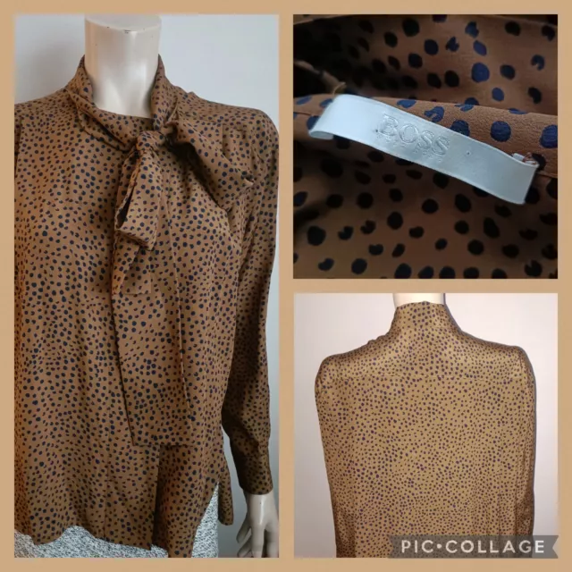 HUGO BOSS 100% Silk Blouse UK 8 Us 4 EU 36 Brown Navy Spots