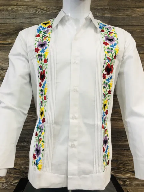 Men Camisa Guayabera Elegant Wedding Dress Shirt White Linen Floral Hummingbird