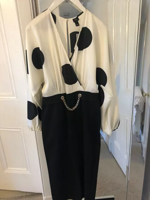 River Island Black polka dot long sleeve chain midi dress Size 8 (BNWT)