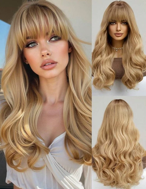 Perruque Blonde Platine Longue Droite Avec Frange - Synthétique, Taille Moyenne, Résistante à La Chaleur