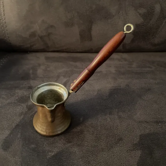 Vintage Coffee Tea Mug Pourer Hammered Copper Brass Design Wooden Handle