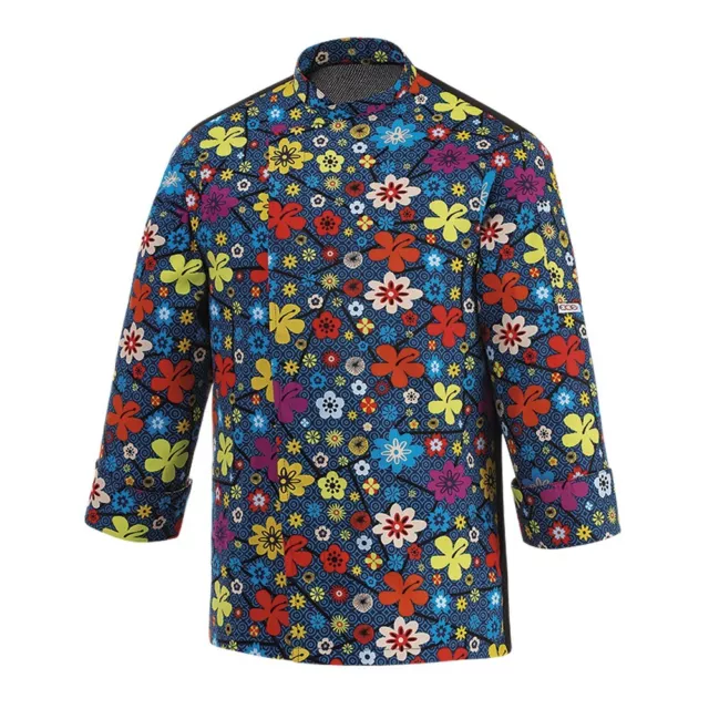 Veste de Cuisinier Bleu Fantasy Marguerite avec des Fleurs EgoChef Dos Respirant