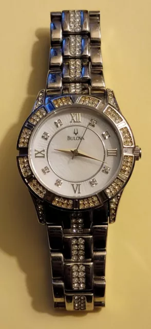 BULOVA Womens C6337017 Quartz Watch Crystals Rhinestone Stainless Steel Working!