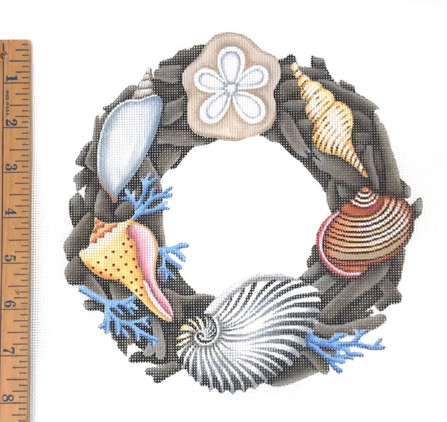 Handpainted Needlepoint Canvas Melissa Shirley Seaside Wreath summer shells