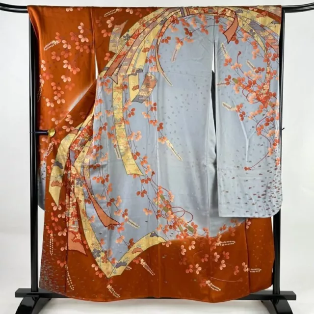 Japanese Kimono Furisode Pure Silk Butterfly Embroidery Reddish Brown Color