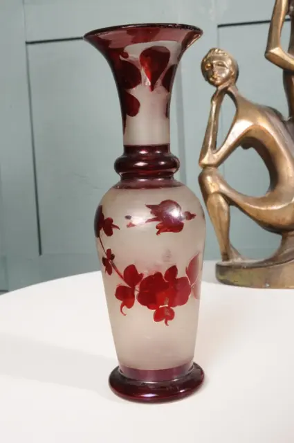 Antique Bohemian Ruby Etched Glass Bud Vase
