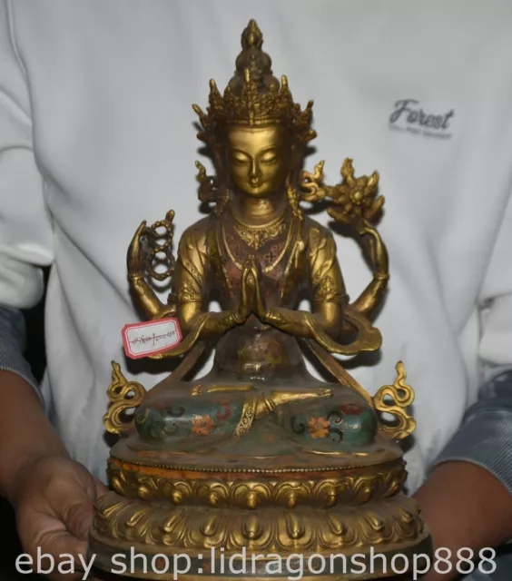 13.8" Old Chinese Cloisonne Copper Gilt Buddhism 4 arm Guan Yin Goddess Statue