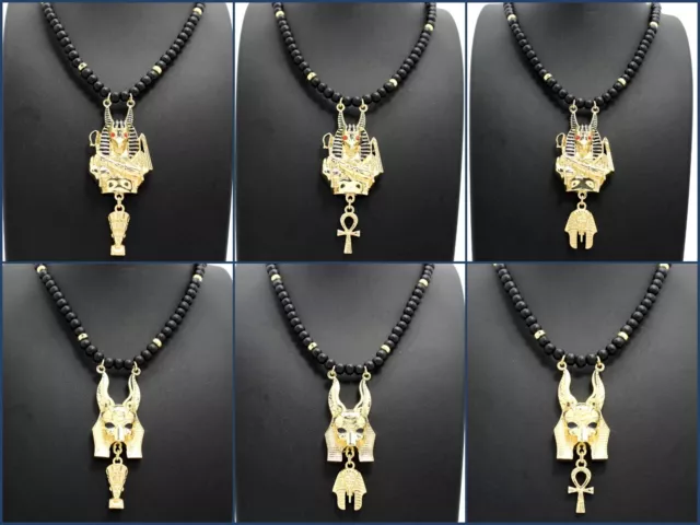 Egyptian God Anubis, Nefertiti, Pharaoh, Ankh Pendant 6mm 30" Wooden Necklace