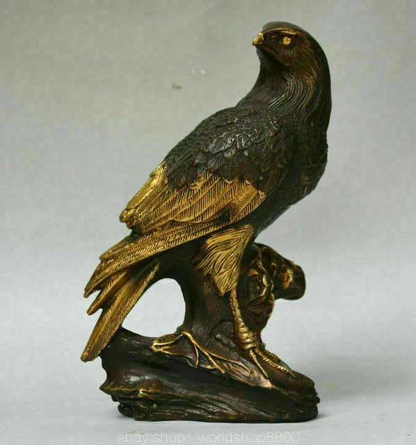9.2" Old Chinese Bronze Gilt Feng Shui Animal eagle hawk king of birds Statue