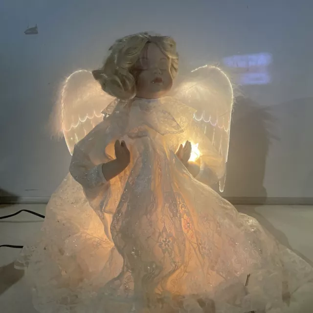 Animated Angel Porcelain Kneeling Praying Fiber Optic Animated Blonde Peach