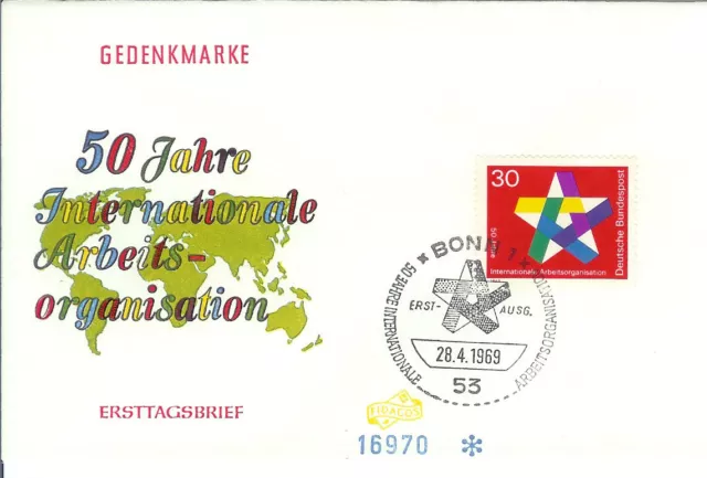 BRD Ersttagsbrief, FDC 582, 50 Jahre Arbeitsorganisation IAO, 28.4.1969, Bonn, 