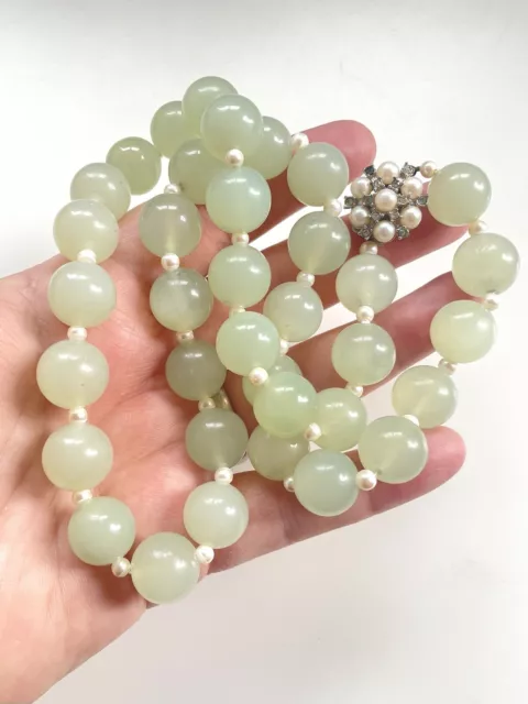 Vintage Chinese Translucent Hetian White Jade & Faux Pearls Necklace 24.5" 131g