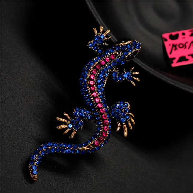 Blue&Rose Navy Crystal Gecko Wall Lizard Retro Fashion Women Charm Brooch Pin