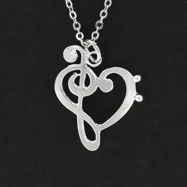 MUSIC CLEF HEART Necklace - Bass Treble Clefs Adjustable Chain Musician Gift